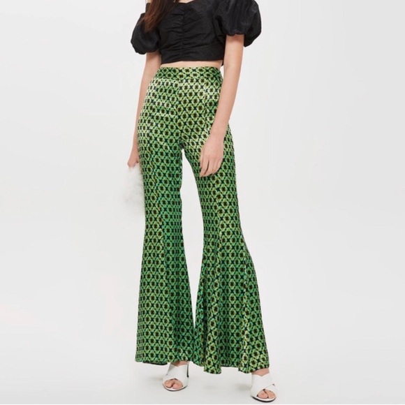 V Cristina Geometric Flare Pants in Green and Blue Size 8 - Picture 1 of 9